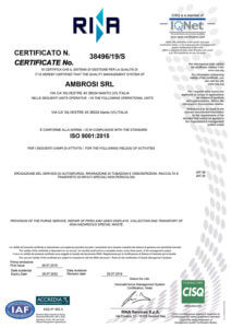 Ambrosi Srl Certificato ISO 9001 anno 2019
