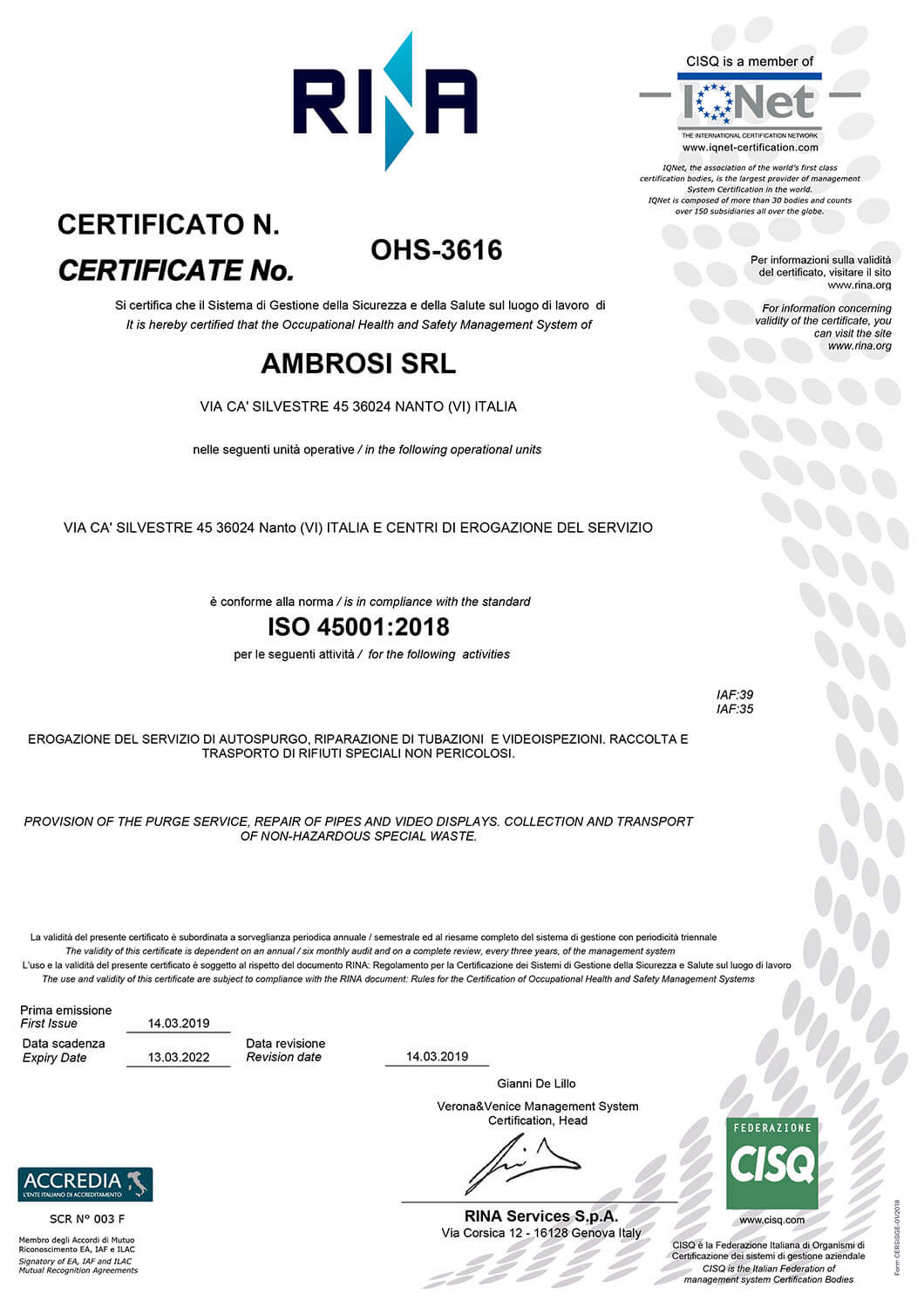 Ambrosi Srl Certificato ISO45001 anno 2019
