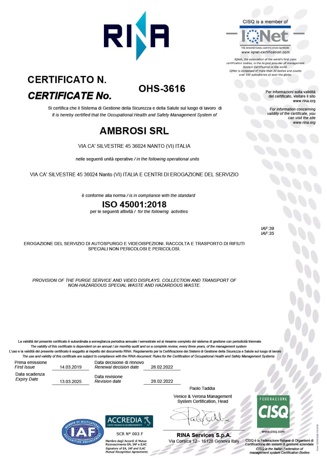 Ambrosi Srl Certificato ISO 45001 2022