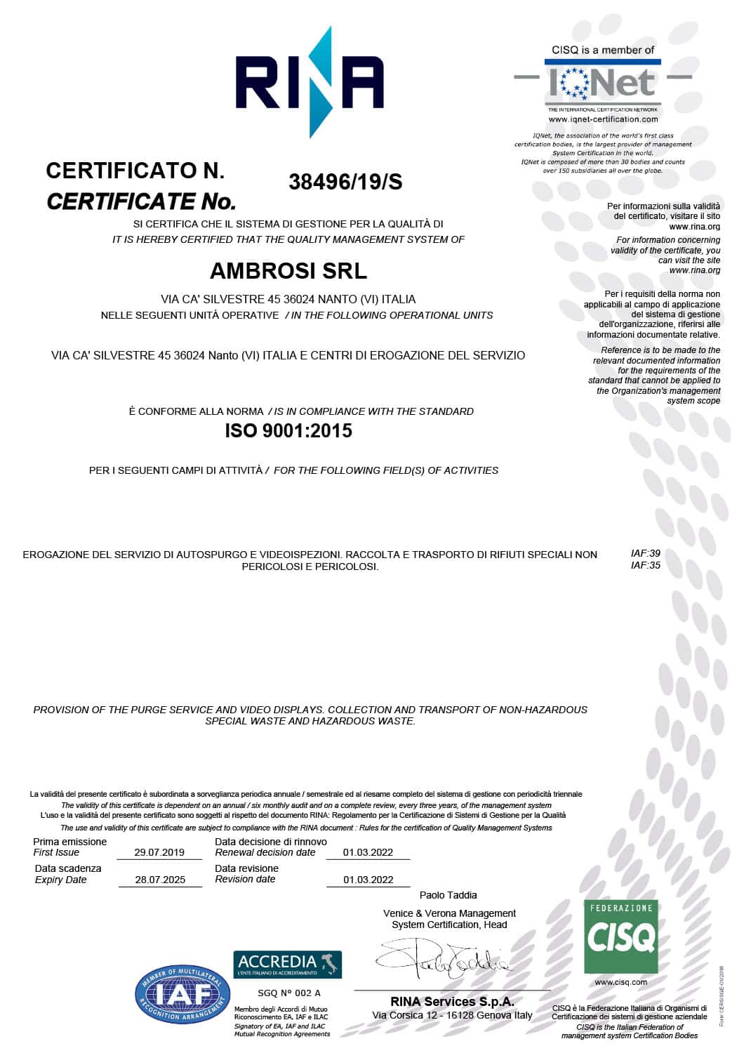 Ambrosi Srl Certificato ISO 9001 2022